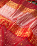 Beautiful Red Chanderi Silk Saree with a contrast green full sleeves handwork blouse