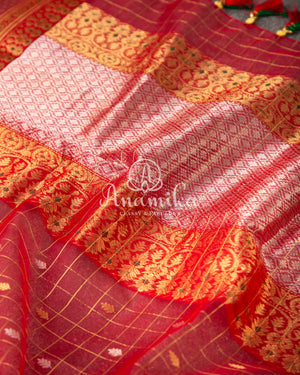 Beautiful Red Chanderi Silk Saree with a contrast green full sleeves handwork blouse