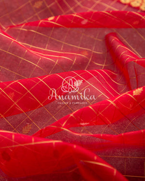 Beautiful Red Chanderi Silk Saree with a contrast green full sleeves handwork blouse
