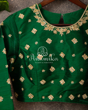 Beautiful Red Chanderi Silk Saree with a contrast green full sleeves handwork blouse