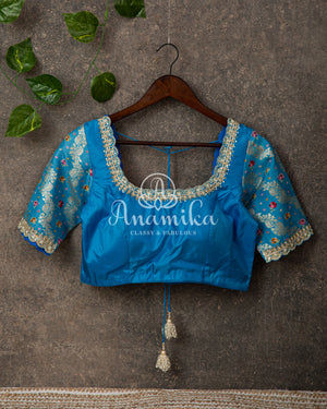 Yellow Floral Tussar Silk with Blue Banarasi Blouse