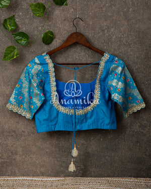 Yellow Floral Tussar Silk with Blue Banarasi Blouse