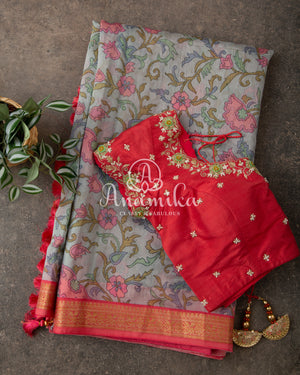 Grey Floral Tussar Silk with Pink Blouse