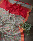 Grey Floral Tussar Silk with Pink Blouse