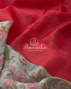 Grey Floral Tussar Silk with Pink Blouse