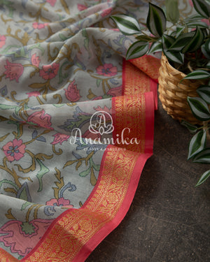 Grey Floral Tussar Silk with Pink Blouse
