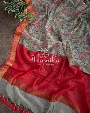 Grey Floral Tussar Silk with Pink Blouse