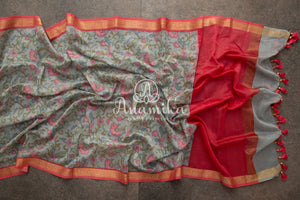 Grey Floral Tussar Silk with Pink Blouse