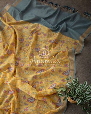 Yellow Floral Tussar Silk with Blue Banarasi Blouse