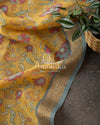 Yellow Floral Tussar Silk with Blue Banarasi Blouse