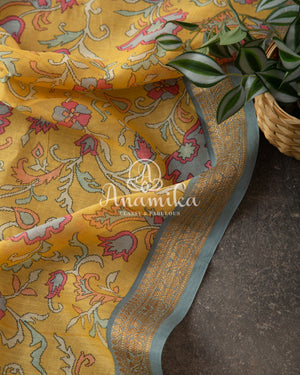 Yellow Floral Tussar Silk with Blue Banarasi Blouse