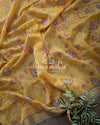 Yellow Floral Tussar Silk with Blue Banarasi Blouse