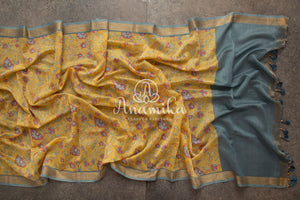 Yellow Floral Tussar Silk with Blue Banarasi Blouse