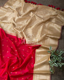 Dark Reddish Pink Gadwal Saree with a contrast beige color blouse