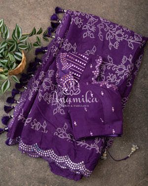 Purple Chiffon Crepe Saree with beautiful mirror work border