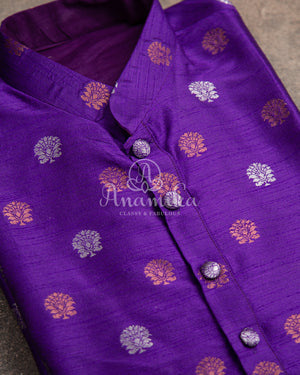 Purple Kurta with tiny zari woven buttis on silk base fabric