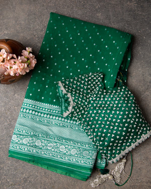 Forest Green Georgette Saree with Silver Buttis