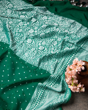 Forest Green Georgette Saree with Silver Buttis