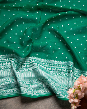 Forest Green Georgette Saree with Silver Buttis