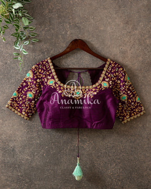 Teal Blue Gadwal Silk saree with contrast dark purple border