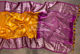 Yellow Venkatagiri Saree with contrast purple border and blouse