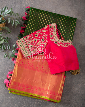 Green Kanchipattu saree with intricately designed work blouse