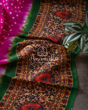 Pink Munga Silk Bandini with kalamkari border and blouse