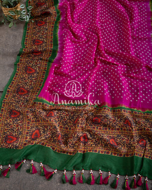 Pink Munga Silk Bandini with kalamkari border and blouse