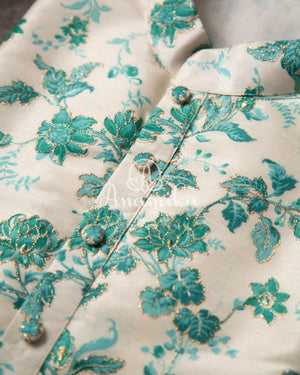 White base with teal floral print Kurta