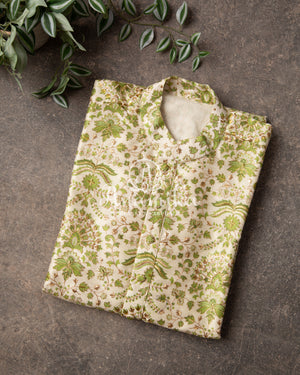 Green Rawsilk kurta with floral print and embroidery