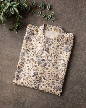 White base with grey Rawsilk kurta with floral print and embroidery