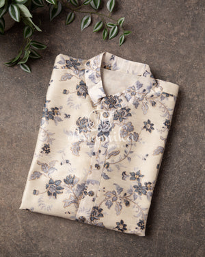 White base with grey floral print Kurta on rawsilk fabric