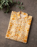 White base with yellow Rawsilk kurta with floral print and embroidery