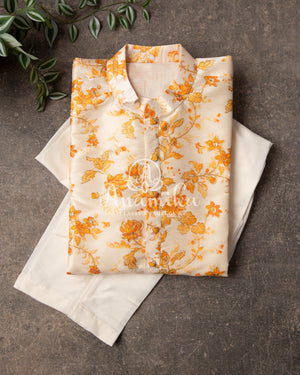 White base with yellow floral print Kurta