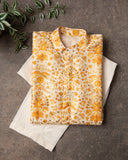 White base with yellow Rawsilk kurta with floral print and embroidery