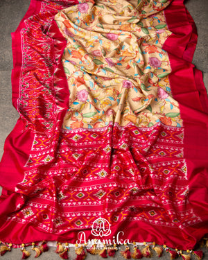Cream Pure Twill Silk Saree Saree with Floral Prints and Red Patola Border