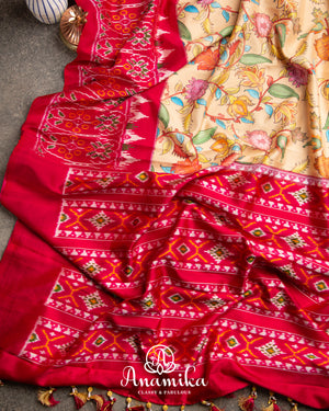 Cream Pure Twill Silk Saree Saree with Floral Prints and Red Patola Border