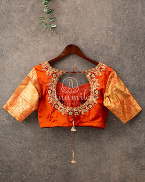 Brown Gadwal saree with grand kanchi pattu border in orange