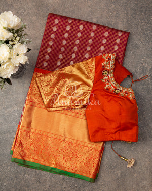 Brown Gadwal saree with grand kanchi pattu border in orange