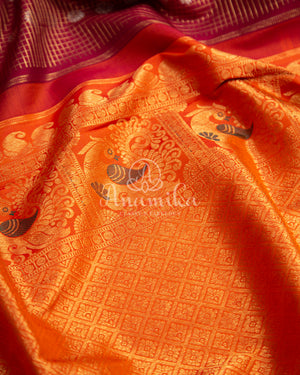 Brown Gadwal saree with grand kanchi pattu border in orange
