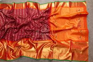 Brown Gadwal saree with grand kanchi pattu border in orange