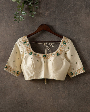 Green Munga Kalamkari Saree with off white work blouse