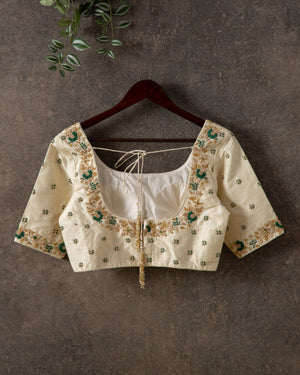 Green Munga Kalamkari Saree with off white work blouse