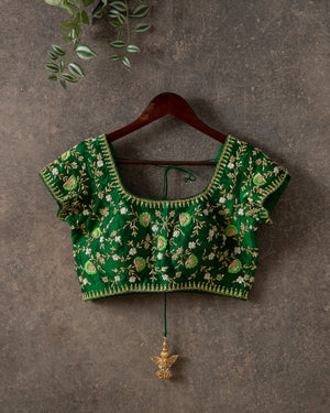 Shaded Green Chanderi Saree with contrast dark green blouse