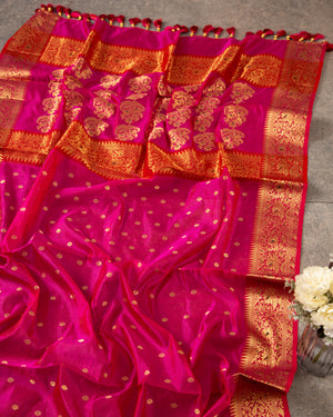 Beautiful Dark Pink Chanderi Silk saree with contrast Green Blouse