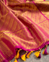 Yellow Kanchipattu saree with wine color border and blouse