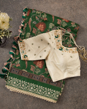 Green Munga Kalamkari Saree with off white work blouse