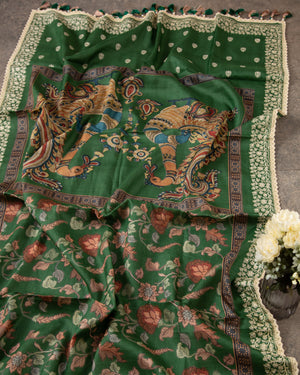 Green Munga Kalamkari Saree with off white work blouse