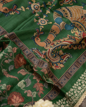 Green Munga Kalamkari Saree with off white work blouse