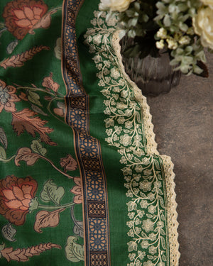 Green Munga Kalamkari Saree with off white work blouse